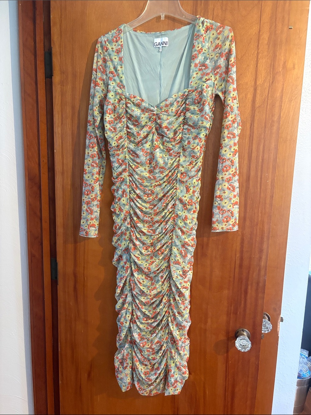 GANNI Green Floral Ruched Long Sleeve Midi Dress